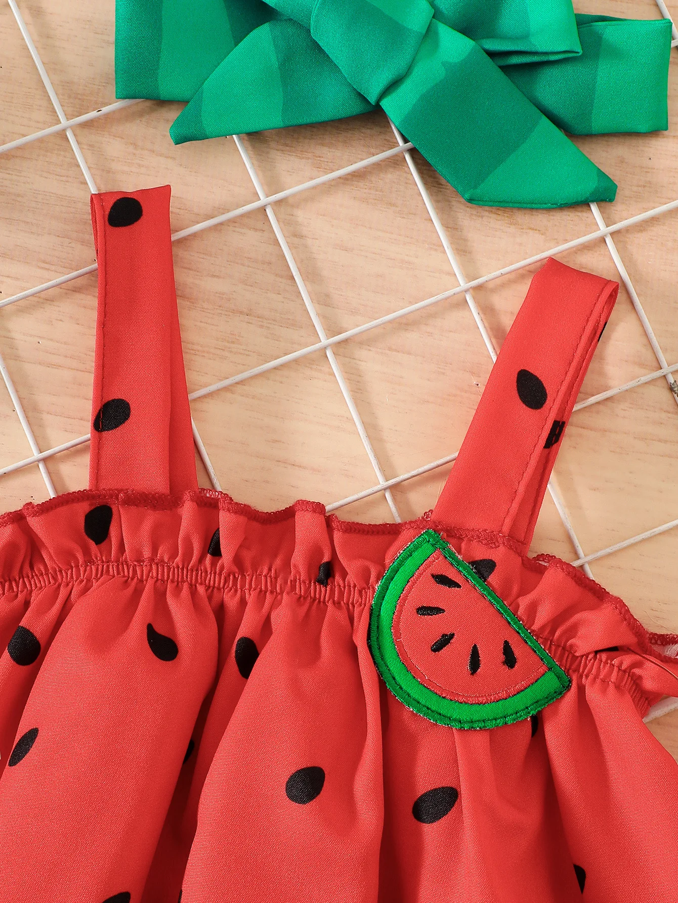 Baby Girl Watermelon Three-Piece Set: Suspender Dress, Shorts, Headband, Summer Cute Fruit-Themed Outfit thumbnail 3