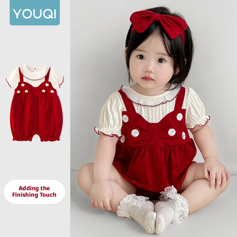 【Youqi】Chinese 0-2 Year Old Baby Clothes Romper 2025 Summer Newborn Short-Sleeve Stylish Girl Baby Princess Outerwear Crawling Suit