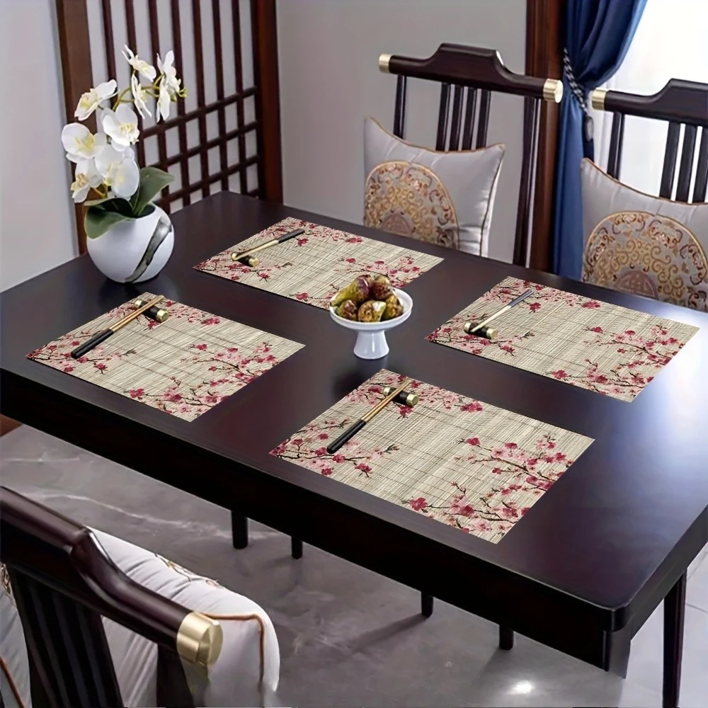 Japanese-Inspired Sakura Blossoms & Bamboo Placemats Linen Table Mats with Muted Pink Cherry Blossoms fo Kitchen Dining Party thumbnail 4