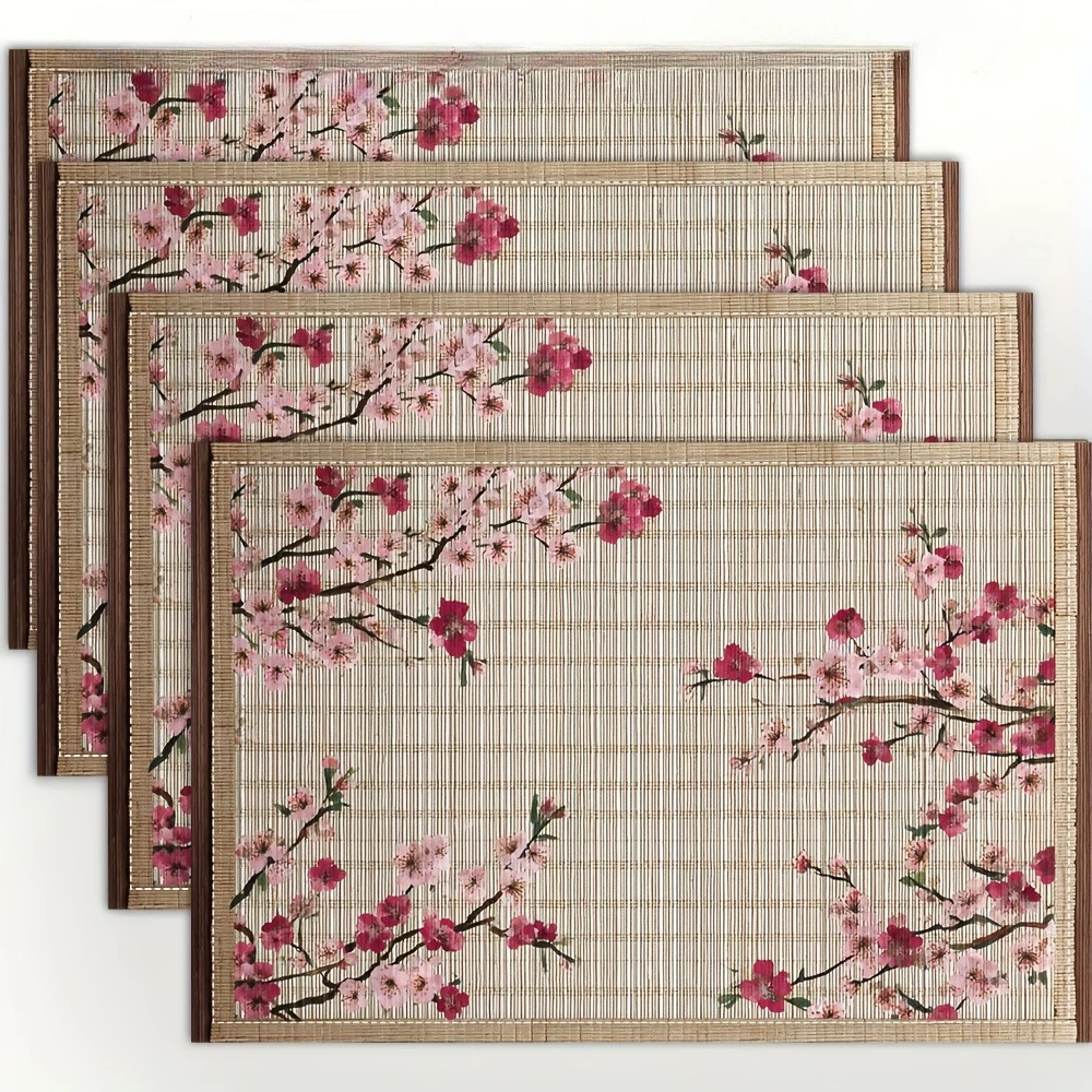 Japanese-Inspired Sakura Blossoms & Bamboo Placemats Linen Table Mats with Muted Pink Cherry Blossoms fo Kitchen Dining Party thumbnail 3
