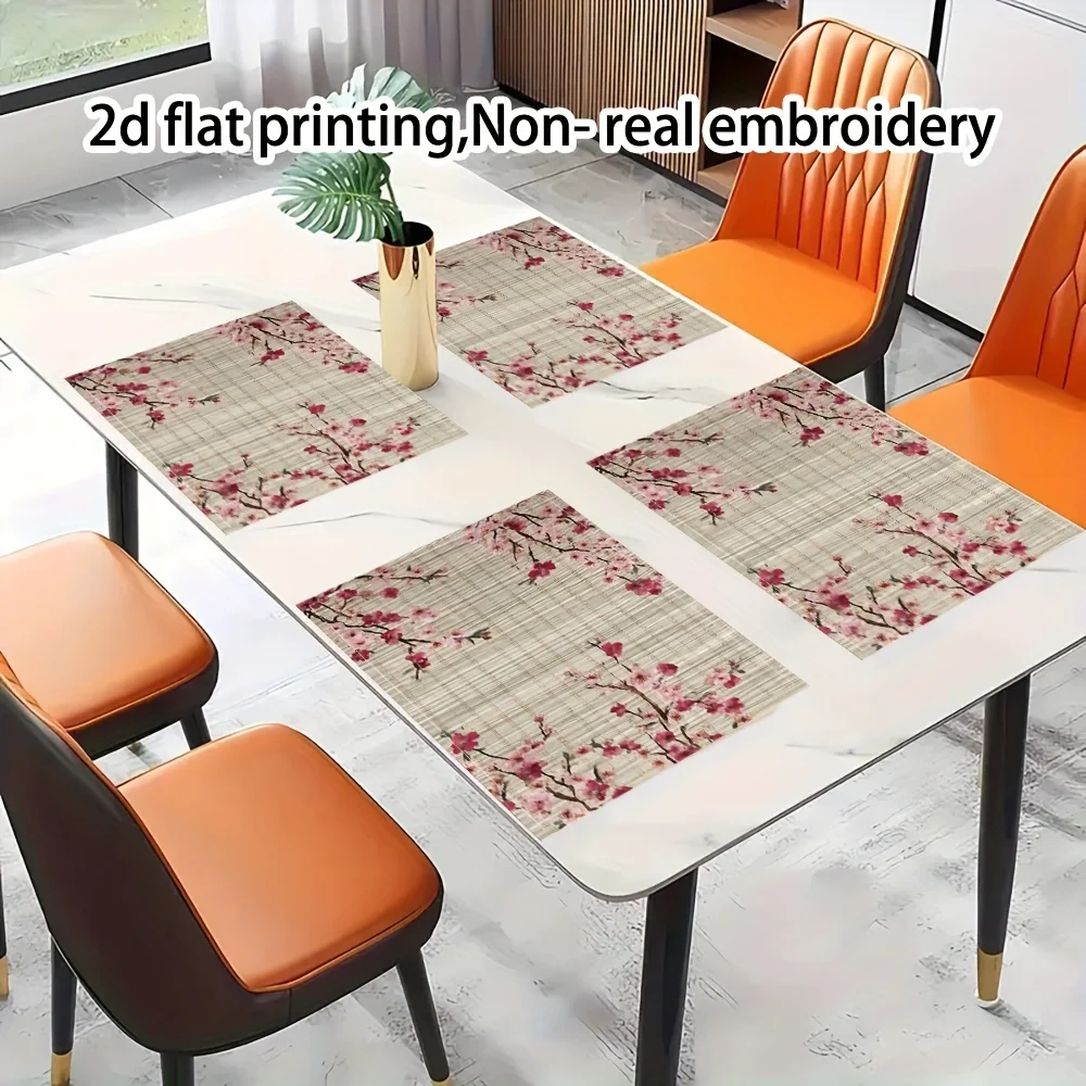 Japanese-Inspired Sakura Blossoms & Bamboo Placemats Linen Table Mats with Muted Pink Cherry Blossoms fo Kitchen Dining Party thumbnail 5