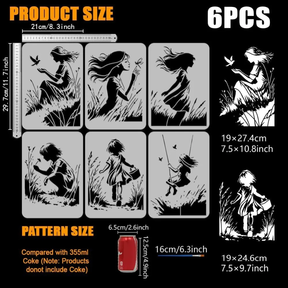 6PCS Graffiti Lady Stencils with Plastic Brush 8.3x11.7 Inch Reusable Lady and Nature Painting Stencil Graffiti Themes Template thumbnail 2