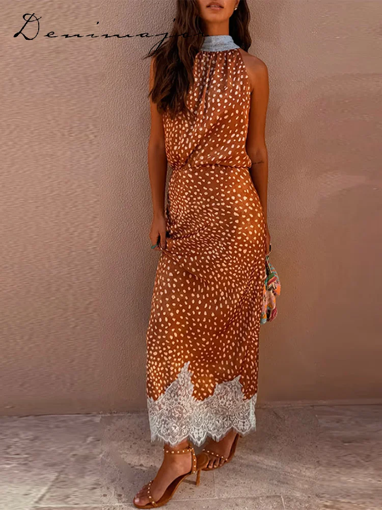 Elegant Printed Reversible Ribbon Top Lace Insert Skirt Set Women's Sleeveless Dot Two-Piece Outfit 2026 New Lady Casual Wear