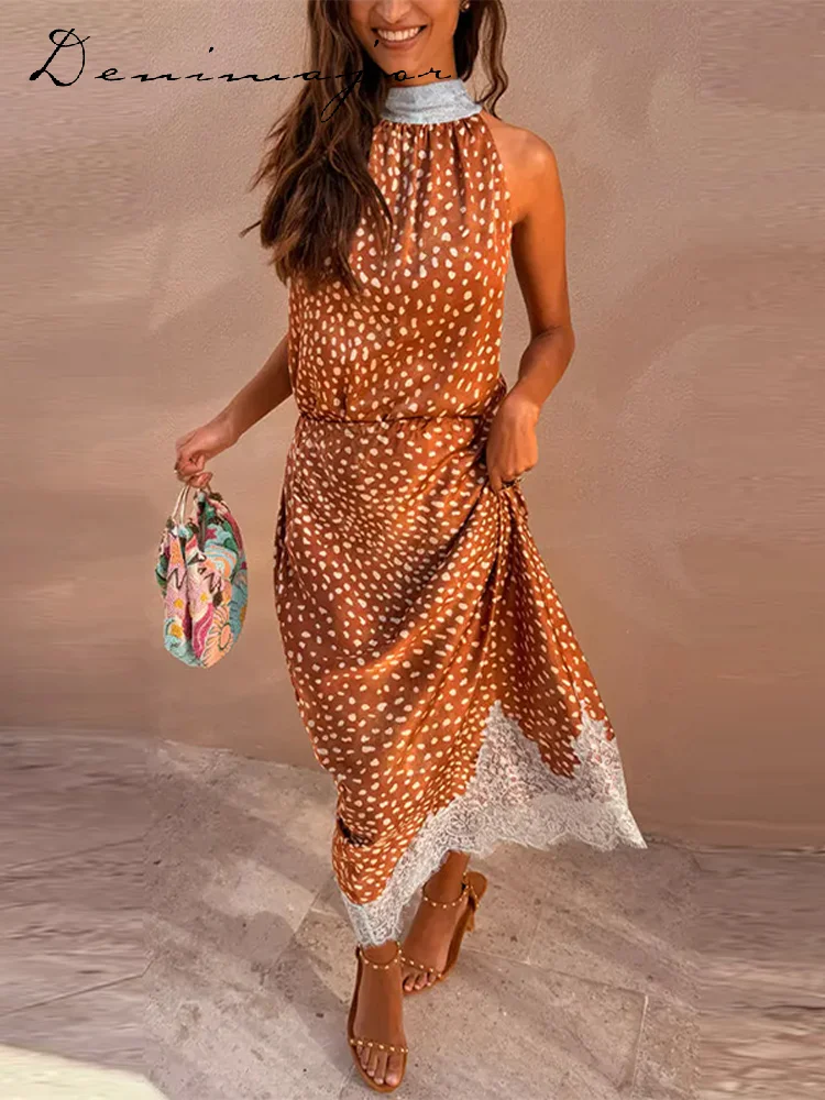 Elegant Printed Reversible Ribbon Top Lace Insert Skirt Set Women's Sleeveless Dot Two-Piece Outfit 2026 New Lady Casual Wear thumbnail 3