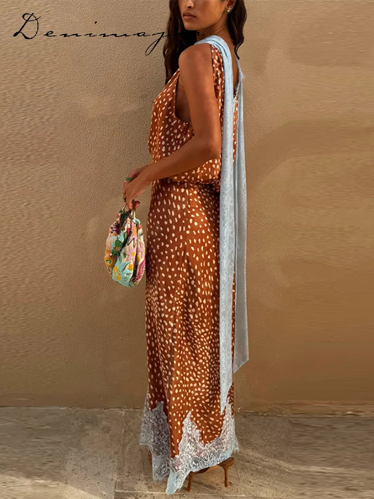 Elegant Printed Reversible Ribbon Top Lace Insert Skirt Set Women's Sleeveless Dot Two-Piece Outfit 2026 New Lady Casual Wear thumbnail 4
