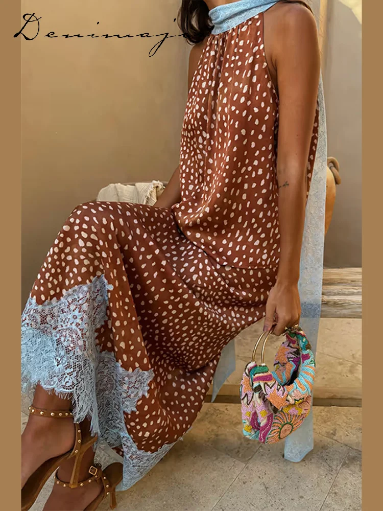 Elegant Printed Reversible Ribbon Top Lace Insert Skirt Set Women's Sleeveless Dot Two-Piece Outfit 2026 New Lady Casual Wear thumbnail 6