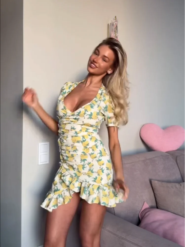 Elegant Ruffle Print Slim Short Dress Women Chic Patchwork Flared sleeves V-neck Pleated Dresses 2026 Lady Summer Casual Vestido thumbnail 4