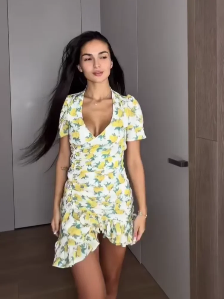 Elegant Ruffle Print Slim Short Dress Women Chic Patchwork Flared sleeves V-neck Pleated Dresses 2026 Lady Summer Casual Vestido thumbnail 5