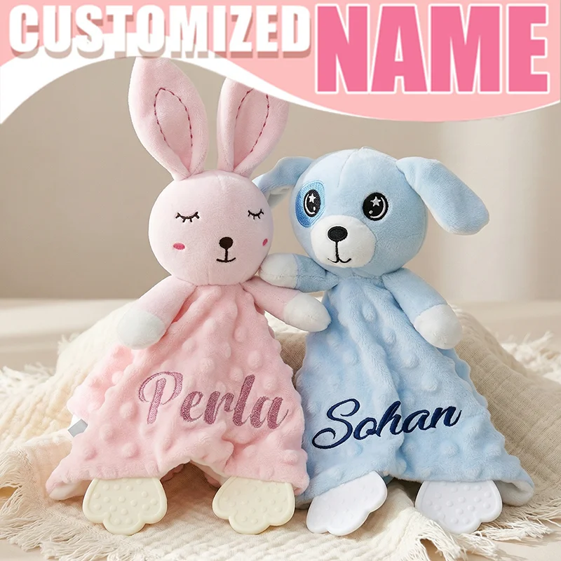 Personalised Baby Bunny Comforter with Silicone Teether Custom with Name Unique Baby Birth Gift