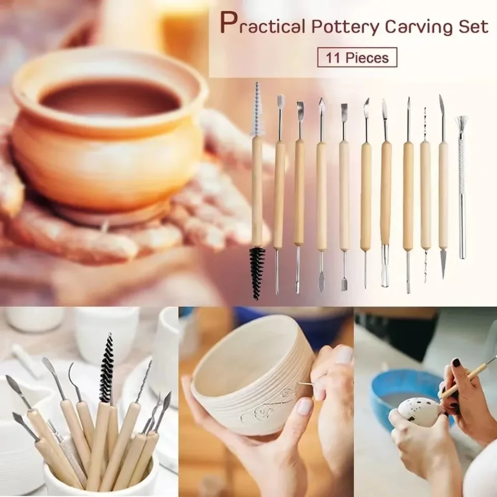 11Pcs Pottery Clay Sculpting Modeling Tool Set Double-Sided Ceramic Polymer Clay Carving Tools Kit With Smooth Wooden Handle thumbnail 6