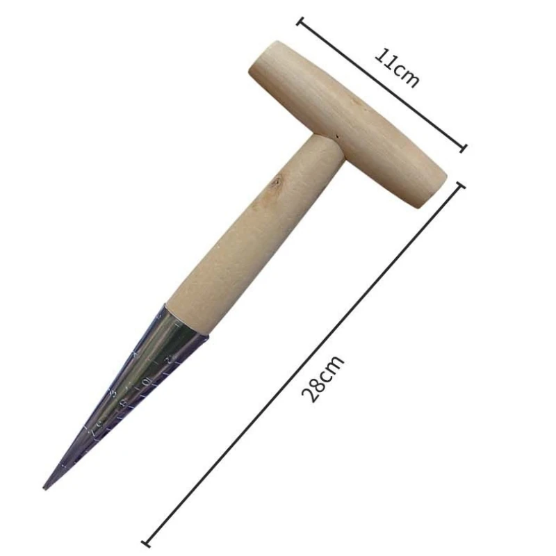 Handheld Clear Scale Garden Hole Puncher With Wood Handle For Sowing Seeds Transplanting Plants Digging Garden Hole Punch Tool thumbnail 2