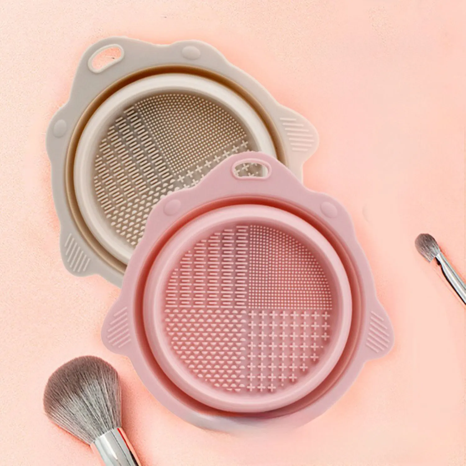 Multi-functional Silicone Makeup Brush Cleaning Bowl Powder Puff Beauty Washing Scrubber Pad with Folding Brush Holder