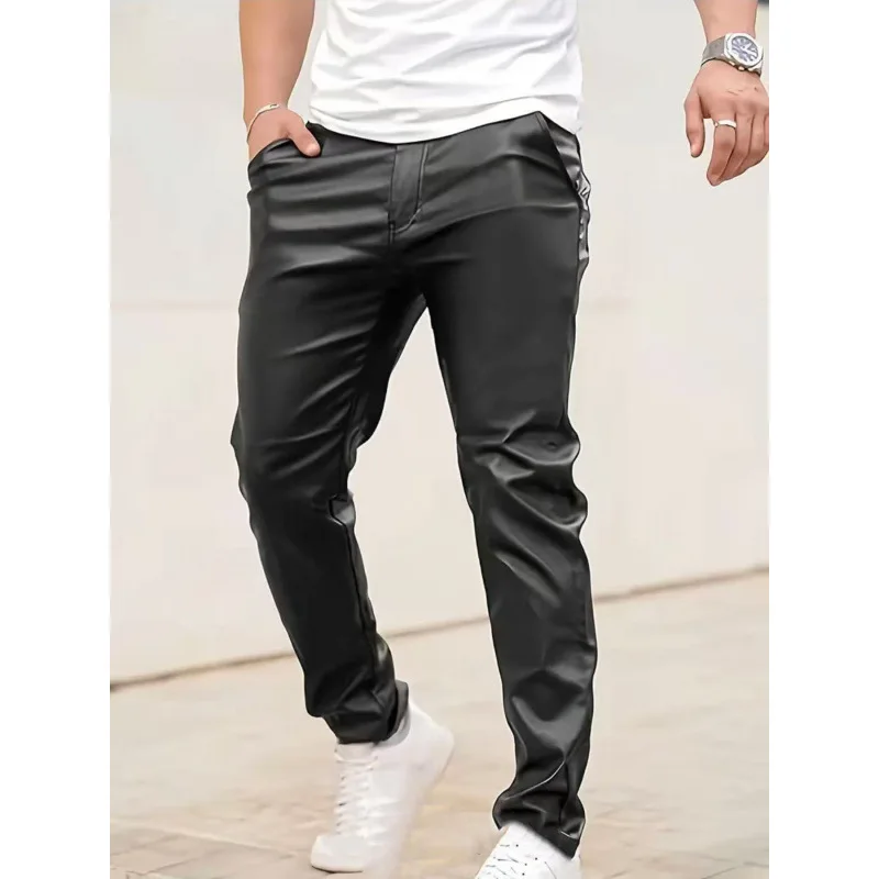 Trendy Pure Color PU Leather Pants for Men Slim Fit Biker Style Casual Long Trousers Streetwear Fashion Menswear