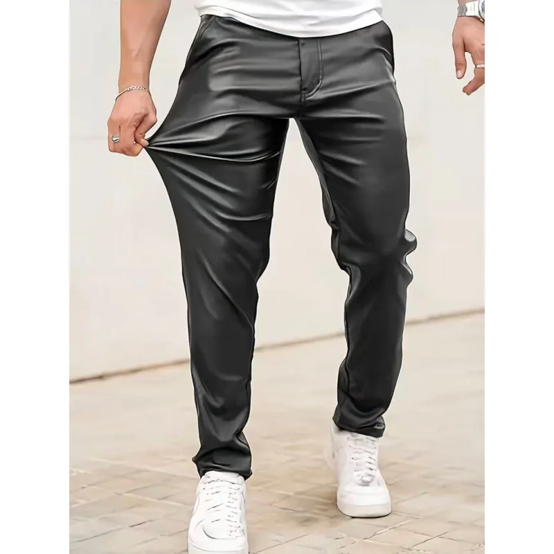 Trendy Pure Color PU Leather Pants for Men Slim Fit Biker Style Casual Long Trousers Streetwear Fashion Menswear thumbnail 2