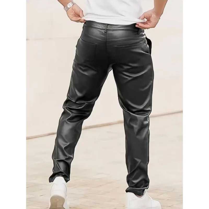 Trendy Pure Color PU Leather Pants for Men Slim Fit Biker Style Casual Long Trousers Streetwear Fashion Menswear thumbnail 4