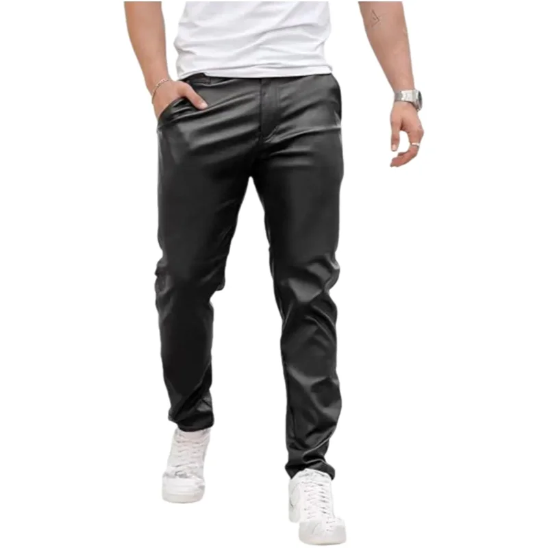 Trendy Pure Color PU Leather Pants for Men Slim Fit Biker Style Casual Long Trousers Streetwear Fashion Menswear thumbnail 6