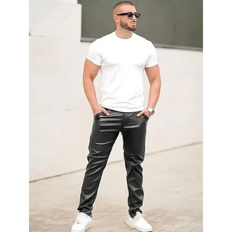 Trendy Pure Color PU Leather Pants for Men Slim Fit Biker Style Casual Long Trousers Streetwear Fashion Menswear thumbnail 3