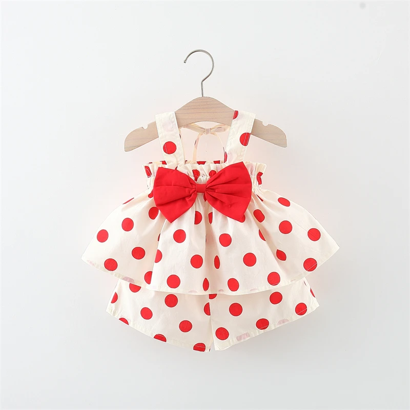 2pc/Set Girls' Outfit Set Summer Polka Dot Bow Blouse And Shorts Baby Girl Clothing Cute Beach Baby Set thumbnail 4