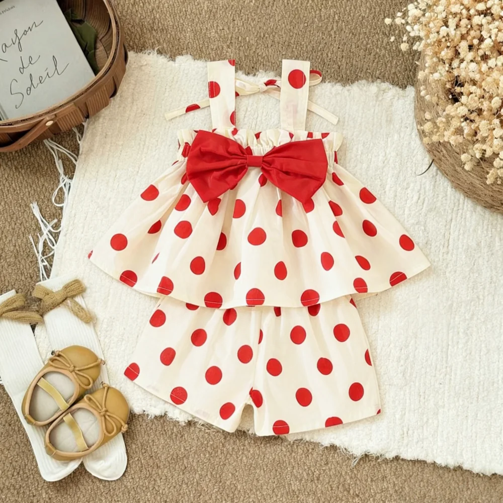 2pc/Set Girls' Outfit Set Summer Polka Dot Bow Blouse And Shorts Baby Girl Clothing Cute Beach Baby Set thumbnail 2