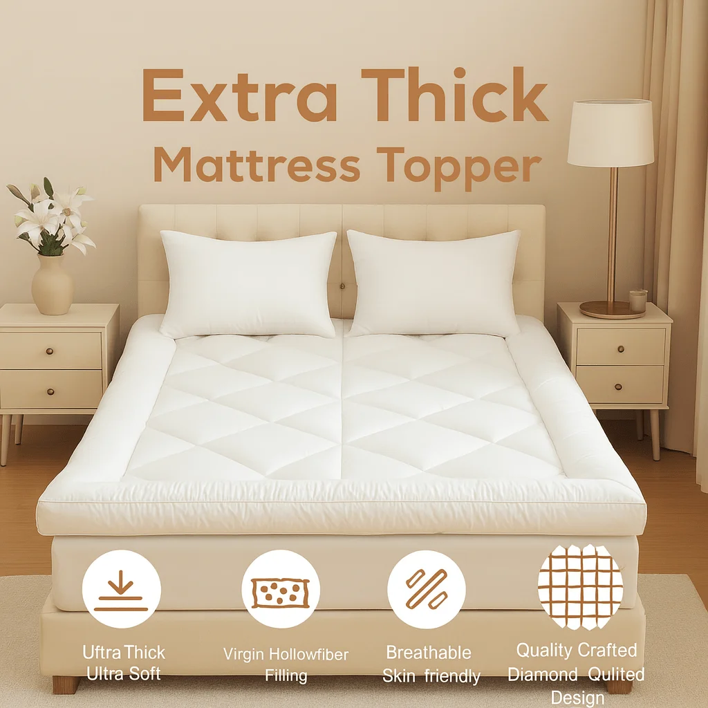 Extra Thick 10cm Mattress Topper, Hotel Quality Soft Quilted Mattress Pad, Brushed Top with Virgin Ball Hollowfiber Filling, Ela thumbnail 4