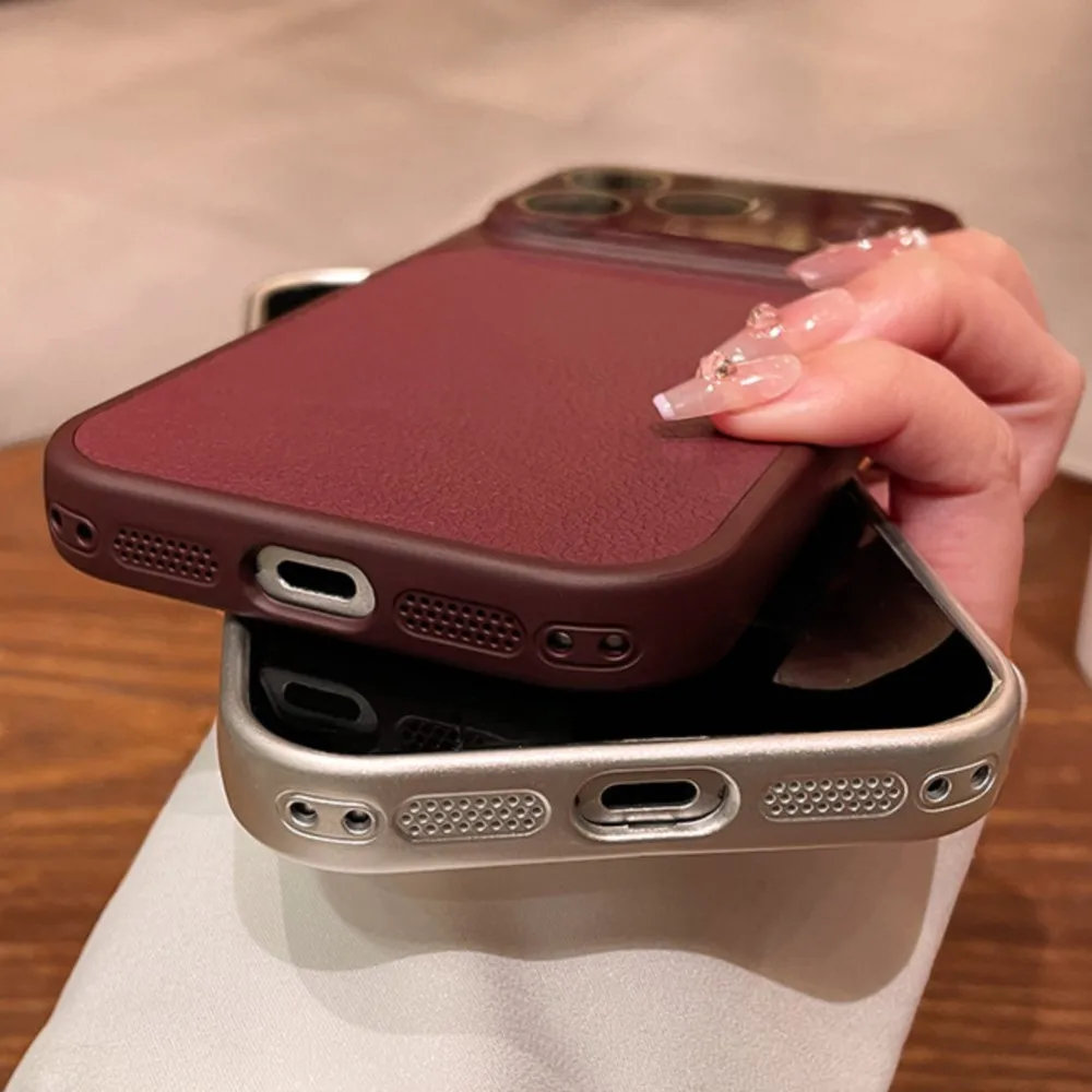 Candy Color Large Window Lichee Pattern Leather Case for iPhone 16 17 Pro Max 14 15 Plus 13 Crystal Camera Film Protector Cover thumbnail 5