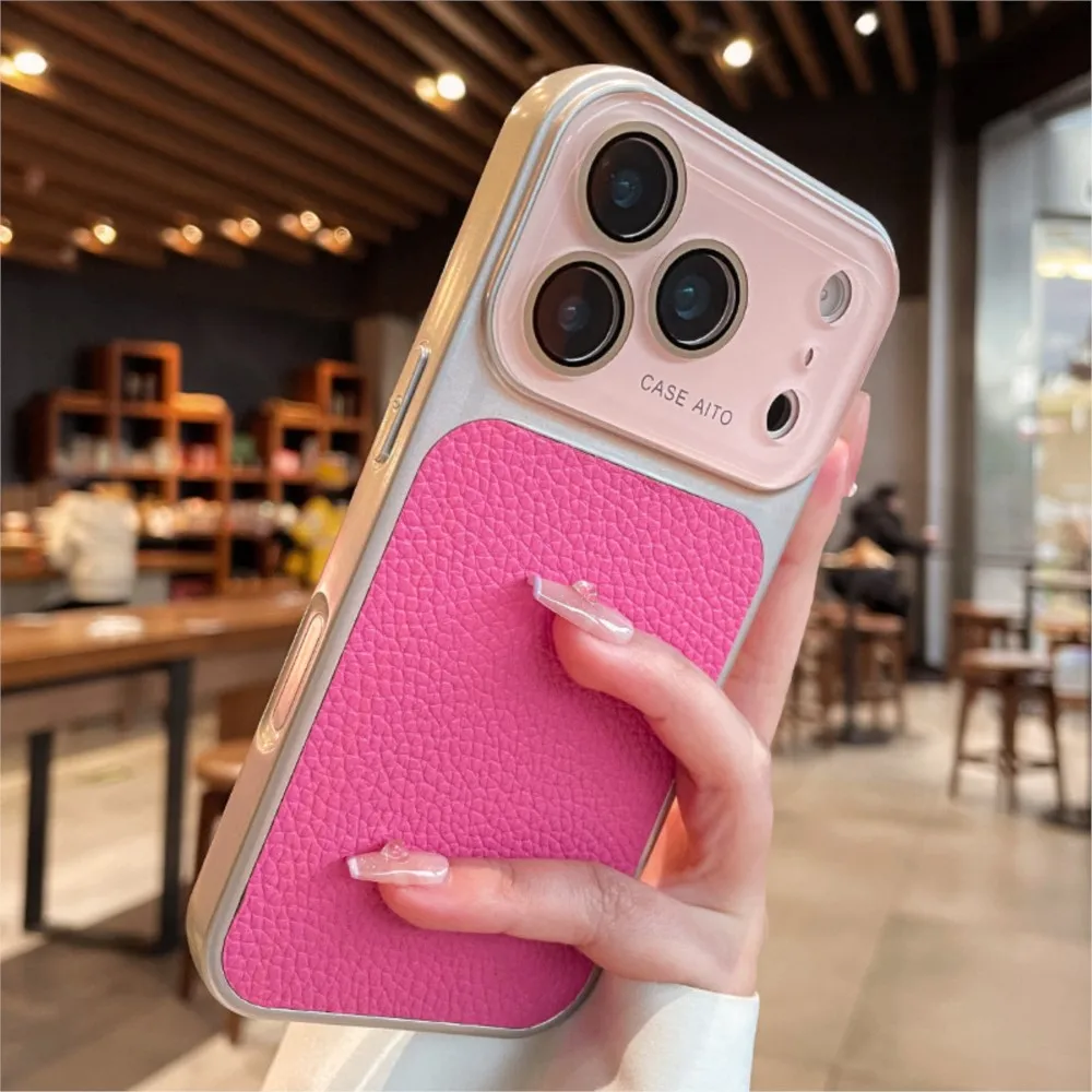 Candy Color Large Window Lichee Pattern Leather Case for iPhone 16 17 Pro Max 14 15 Plus 13 Crystal Camera Film Protector Cover thumbnail 2