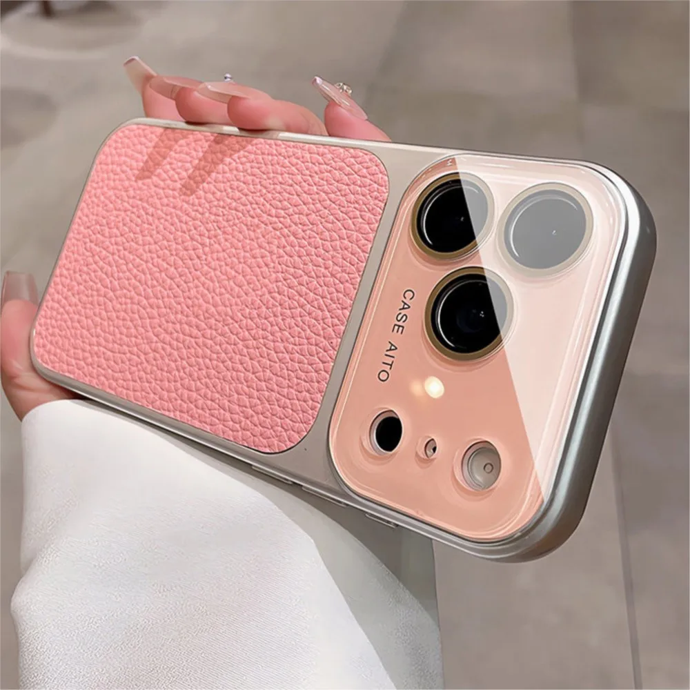 Candy Color Large Window Lichee Pattern Leather Case for iPhone 16 17 Pro Max 14 15 Plus 13 Crystal Camera Film Protector Cover thumbnail 3