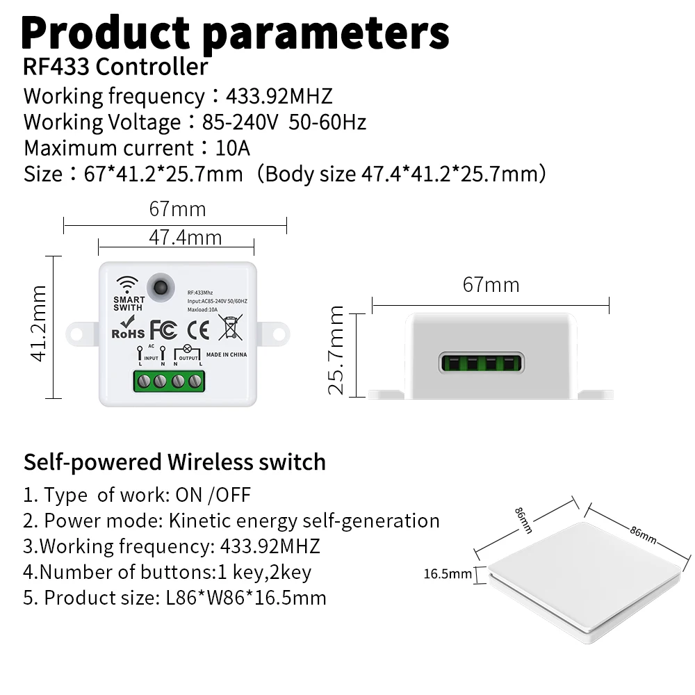 DIY Self-Powered Wireless Switch No Battery Required，RF 433MHz Remote Control Wall Light Lamp Switch thumbnail 6