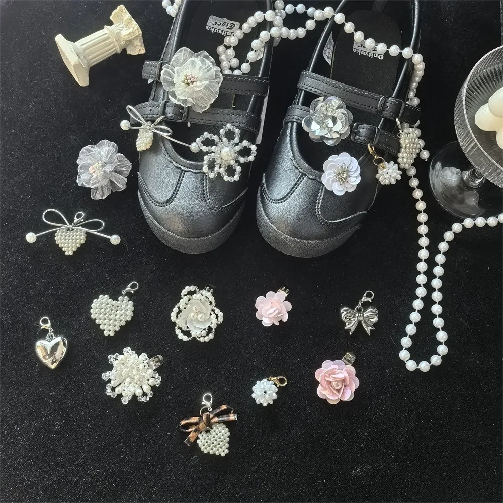 1PC NEW Ballet Style Pearl Bow Heart Shoe Clips Removable Charm for Mary Jane Sneakers Flat Shoes Decorative Accessory