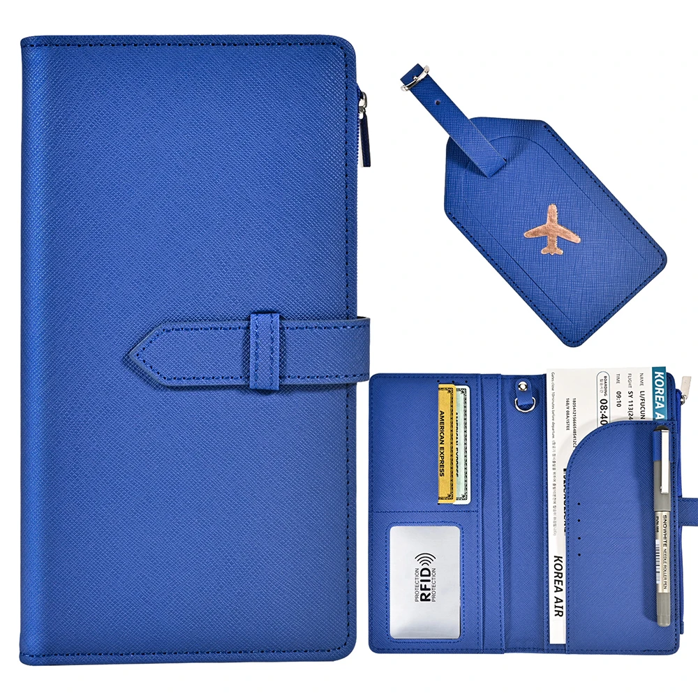 Customized name PU leather high-end travel passport book document storage bag wallet long style passport case with luggage tag thumbnail 4