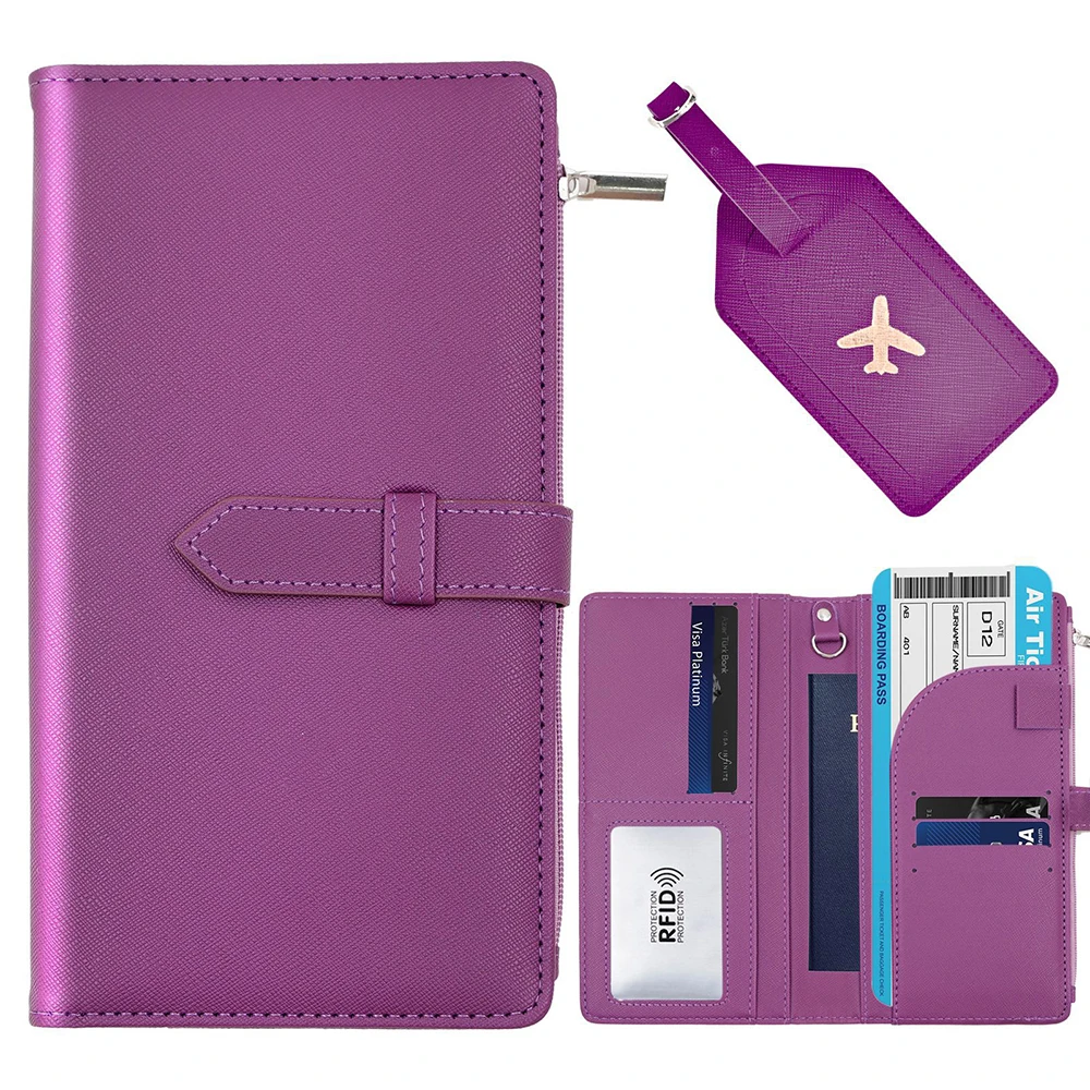 Customized name PU leather high-end travel passport book document storage bag wallet long style passport case with luggage tag thumbnail 5