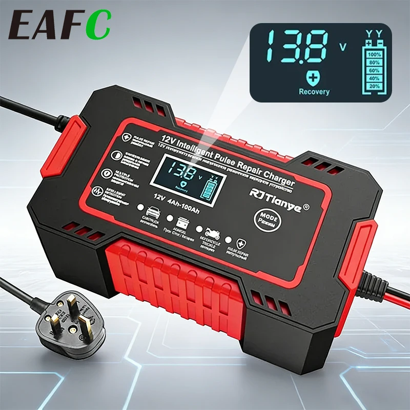 EAFC 12V6A Car Battery Charger Motorcycle Charger Digital Display Suitable for Lead Acid Batteries UK Plug Reverse Protection
