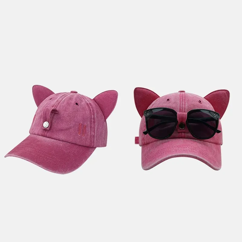 New Cute Cat Ears Pilot Hat With Glasses Baseball Cap Water Washed Baseball Cap Adjustable Outdoor Sunshade Sun Hats Unisex Gift thumbnail 4