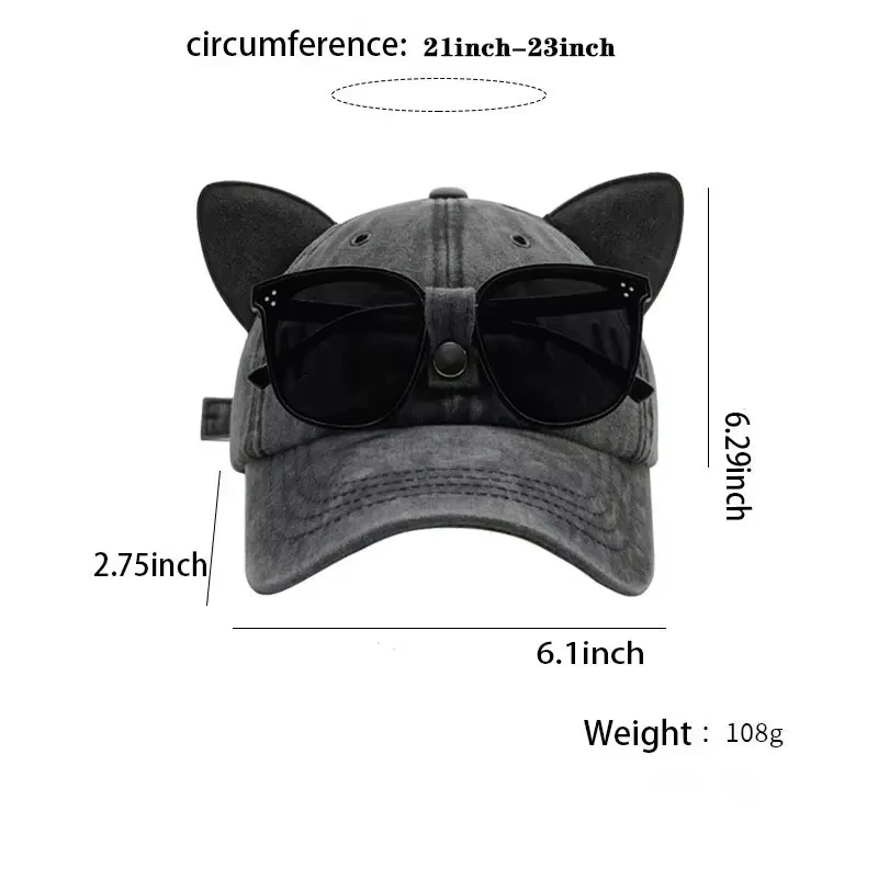 New Cute Cat Ears Pilot Hat With Glasses Baseball Cap Water Washed Baseball Cap Adjustable Outdoor Sunshade Sun Hats Unisex Gift thumbnail 3