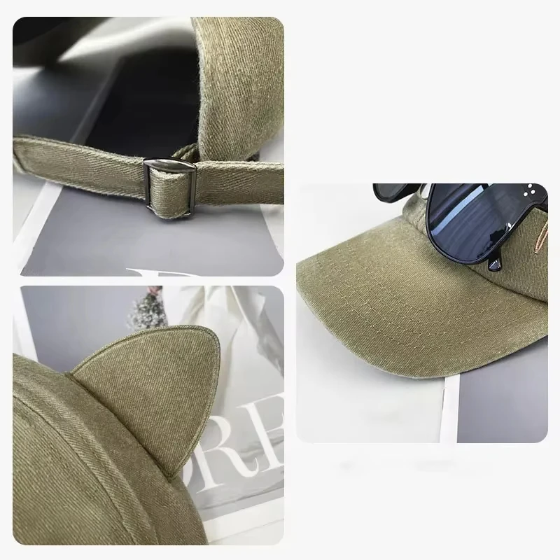 New Cute Cat Ears Pilot Hat With Glasses Baseball Cap Water Washed Baseball Cap Adjustable Outdoor Sunshade Sun Hats Unisex Gift thumbnail 2