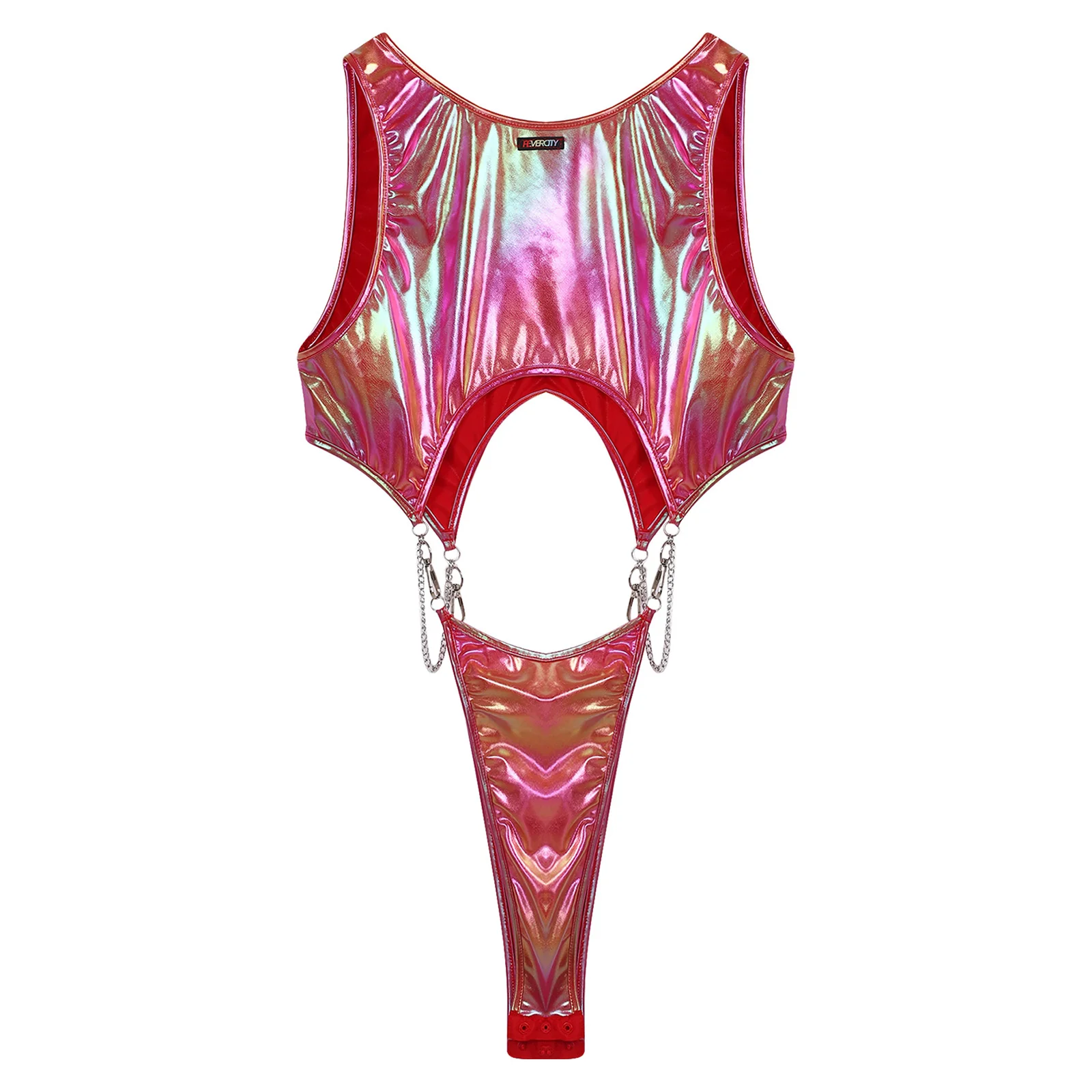 Mens Iridescent Metallic Bodysuit Monokini Swimsuit Hook Chain Link Button Crotch Cutout High-cutting Jumpsuit Clubwear Swimwear thumbnail 3