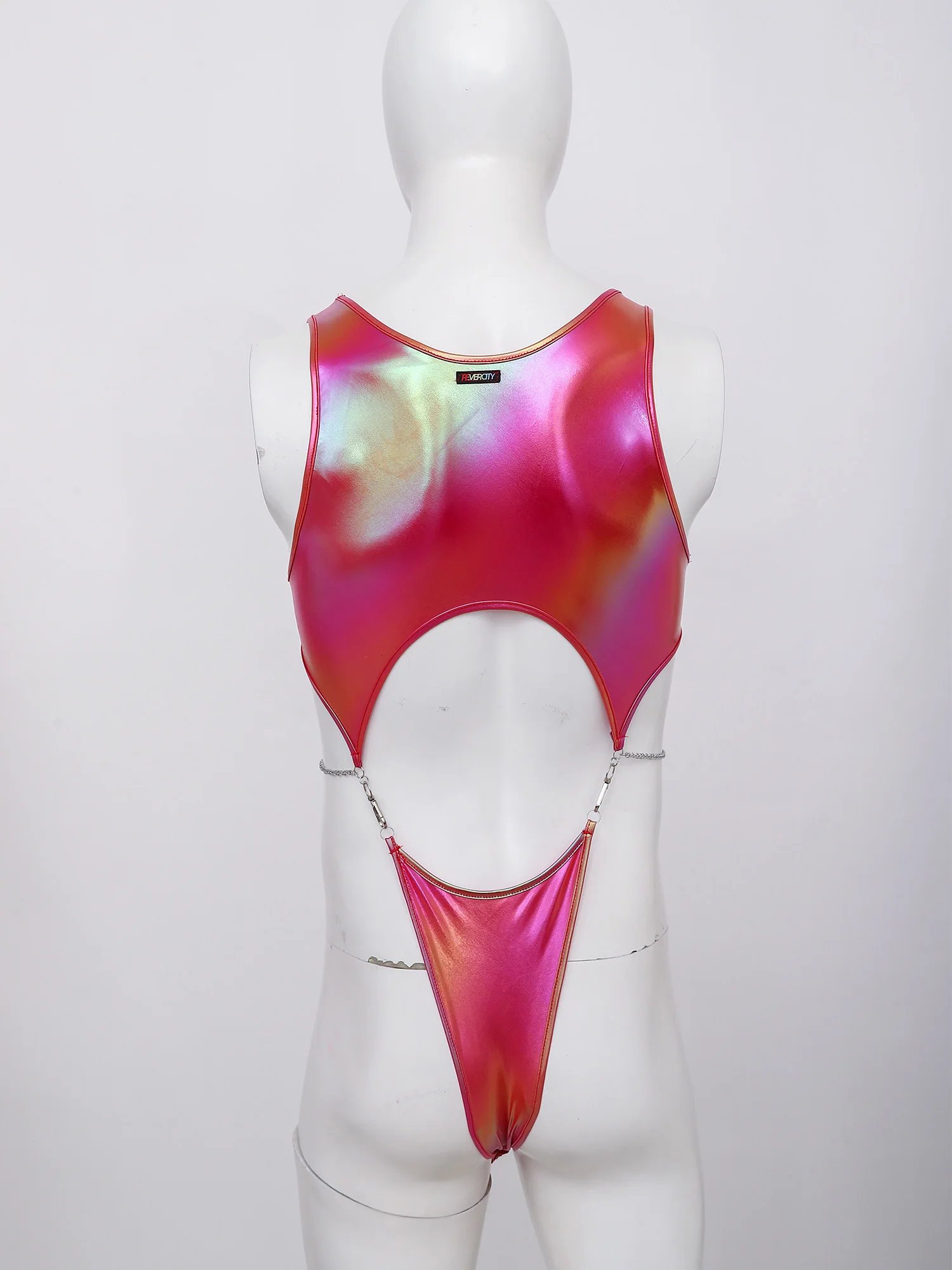 Mens Iridescent Metallic Bodysuit Monokini Swimsuit Hook Chain Link Button Crotch Cutout High-cutting Jumpsuit Clubwear Swimwear thumbnail 5