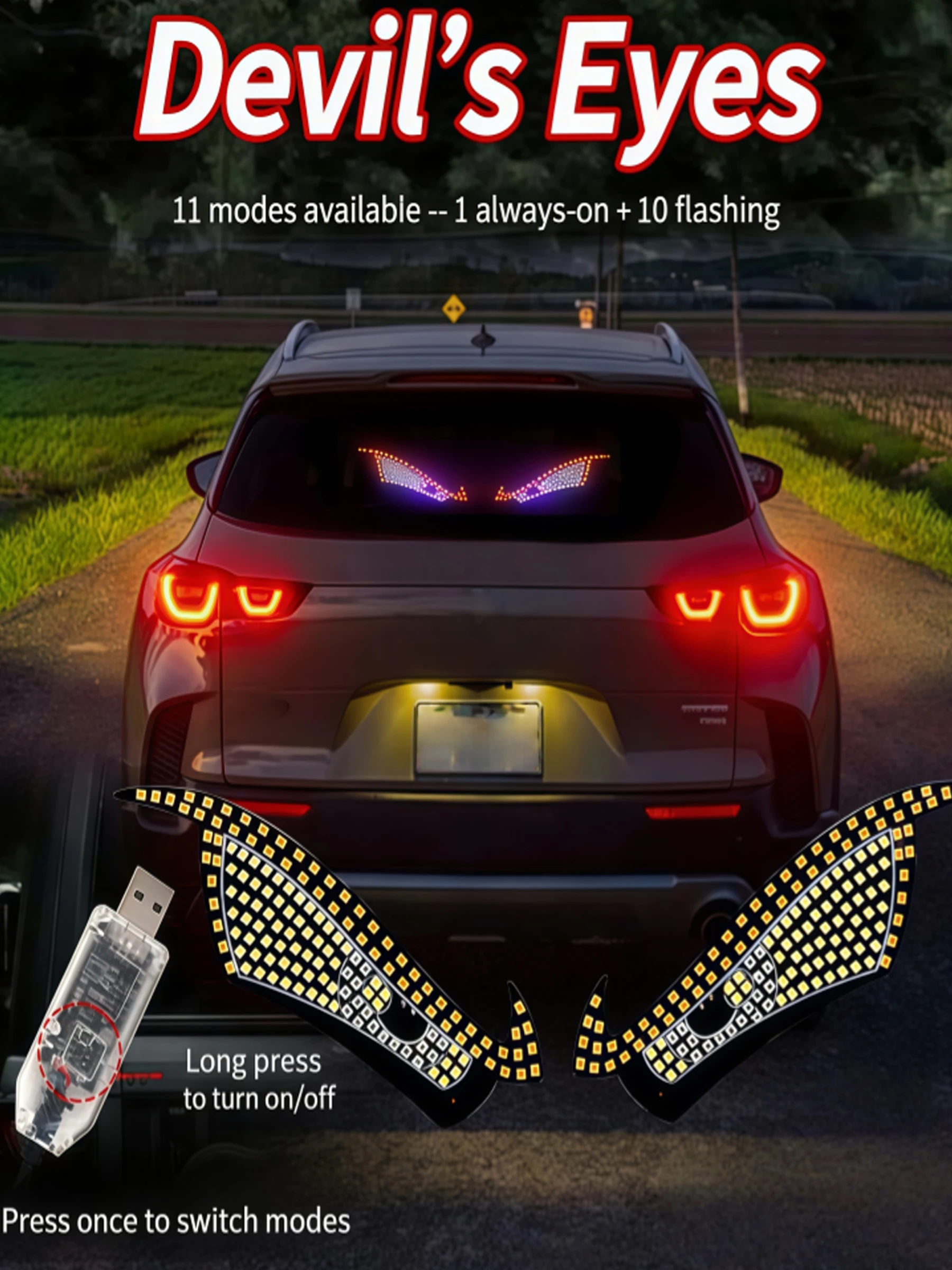 Car Demon Eye LED Decorative Lights Customization  11 Modes, USB Rear Window thumbnail 5