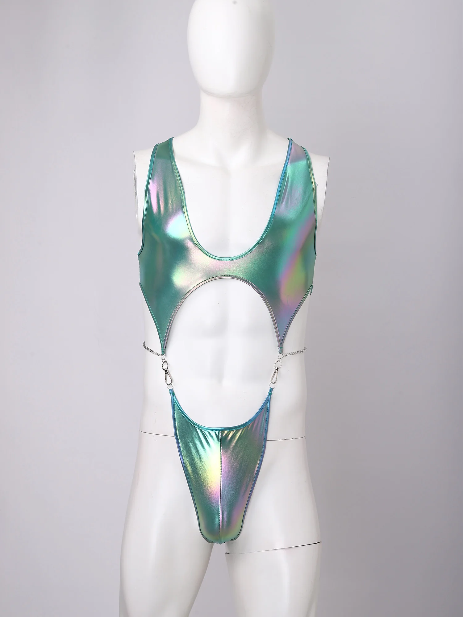 Men Holographic Metallic Cutout Bodysuit Swimwear one piece swimsuit Hook Chain Link Button Crotch Cutout High-cutting Jumpsuit thumbnail 5