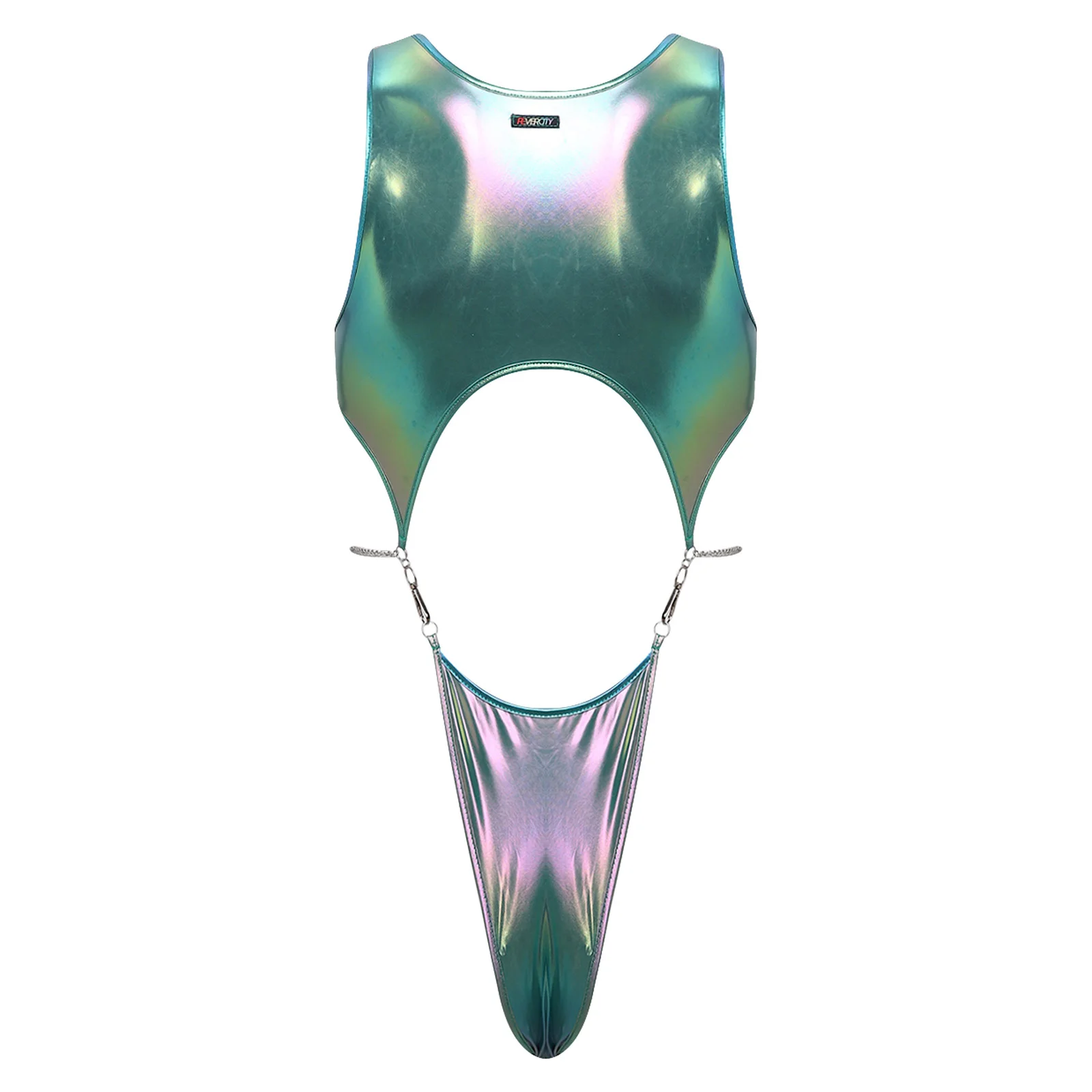 Men Holographic Metallic Cutout Bodysuit Swimwear one piece swimsuit Hook Chain Link Button Crotch Cutout High-cutting Jumpsuit thumbnail 2