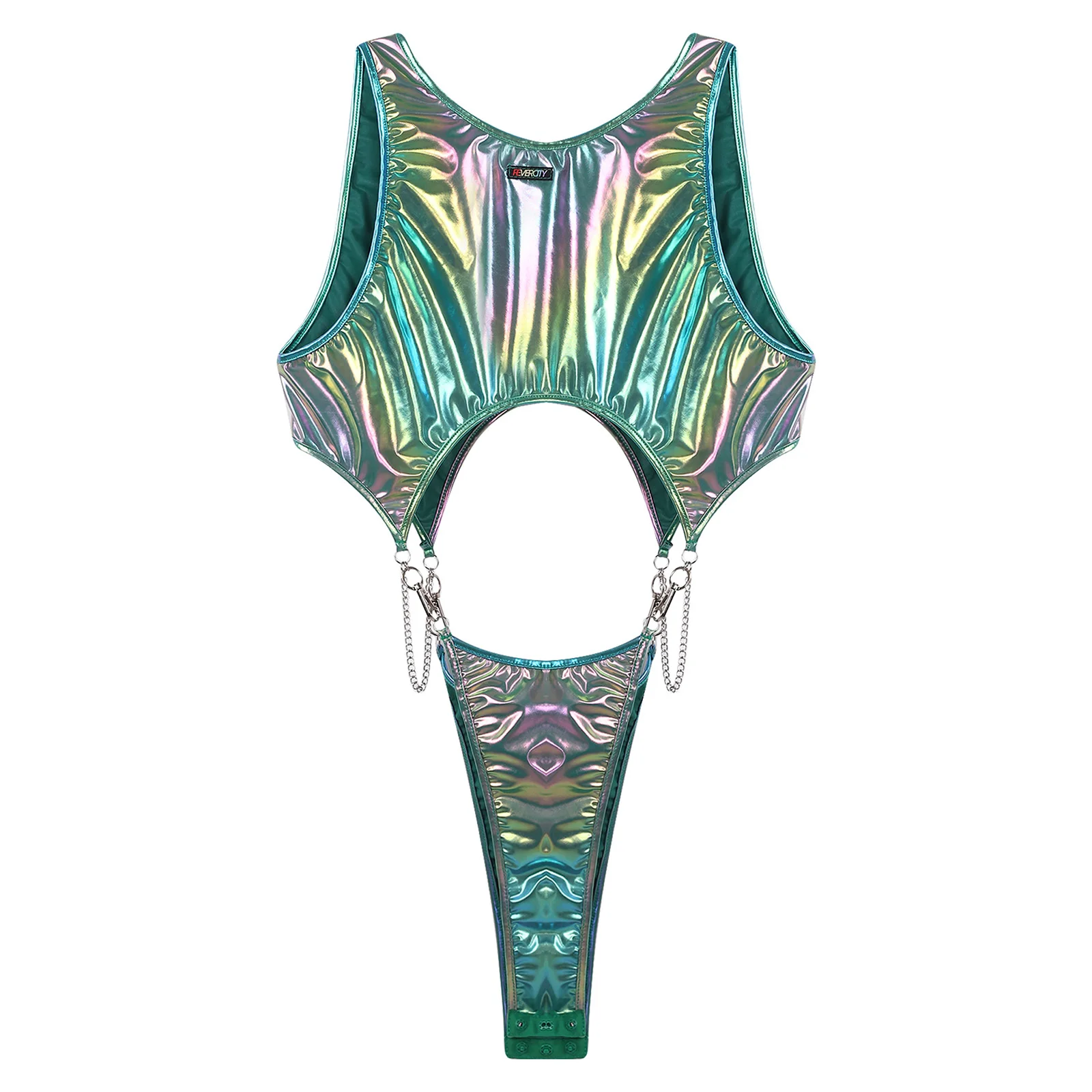 Men Holographic Metallic Cutout Bodysuit Swimwear one piece swimsuit Hook Chain Link Button Crotch Cutout High-cutting Jumpsuit thumbnail 4