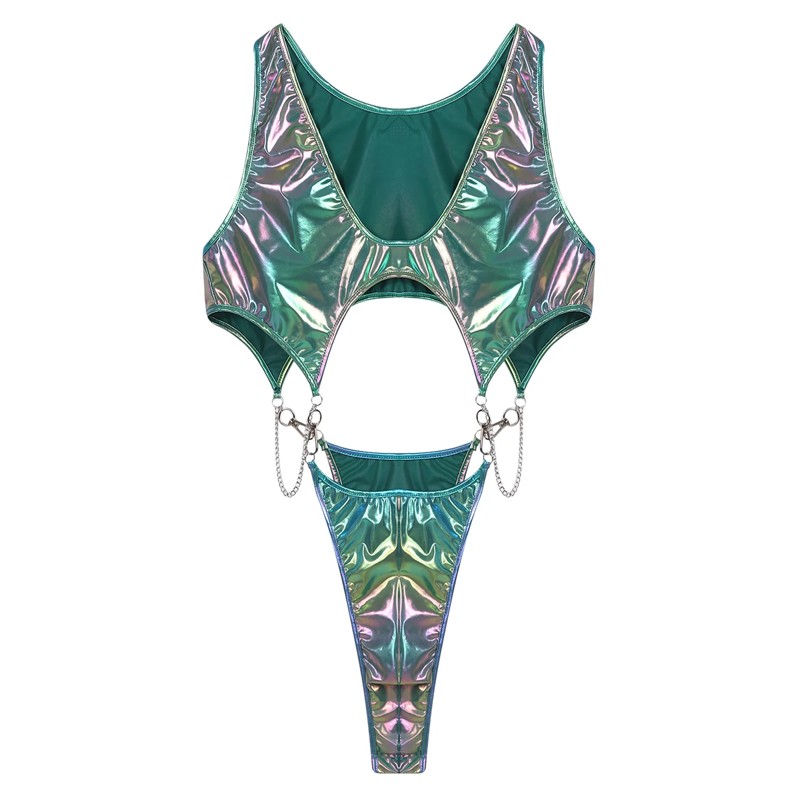 Men Holographic Metallic Cutout Bodysuit Swimwear one piece swimsuit Hook Chain Link Button Crotch Cutout High-cutting Jumpsuit thumbnail 3