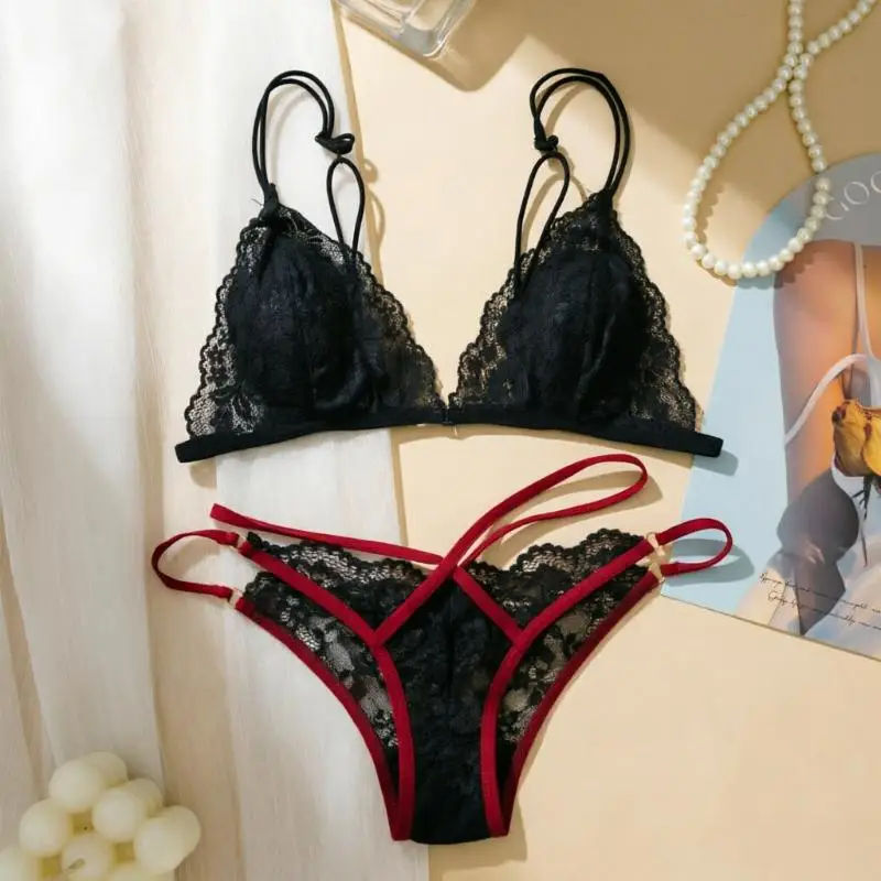 Women's French Sexy Lace Front-Hook Bra and Panty Set Thin Straps Wire-Free Bra Hollowed-out Cross Strap Seamless Panties thumbnail 2