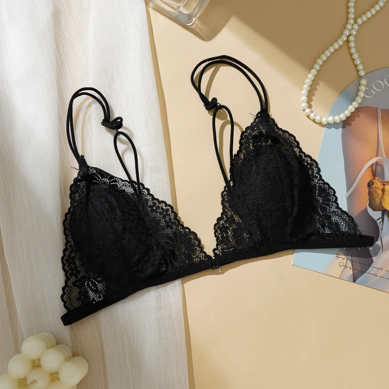 Women's French Sexy Lace Front-Hook Bra and Panty Set Thin Straps Wire-Free Bra Hollowed-out Cross Strap Seamless Panties thumbnail 3