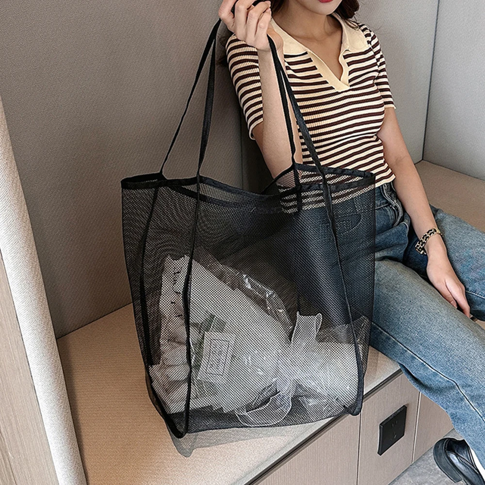  Simple Mesh Beach Bag Large Capacity Beach Net Tote Cosmetic Pouch Women Fashion Travel Organizer Versatile Shopping Shoulder thumbnail 2
