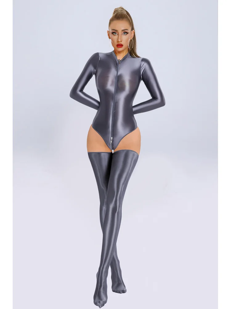 M XL Glossy Shiny Long Sleeve Swimsuit Zipper Crotch Bodysuit Tights Body Teddies Sukumizu High Elastic Leotard Unitard Tshirt thumbnail 3