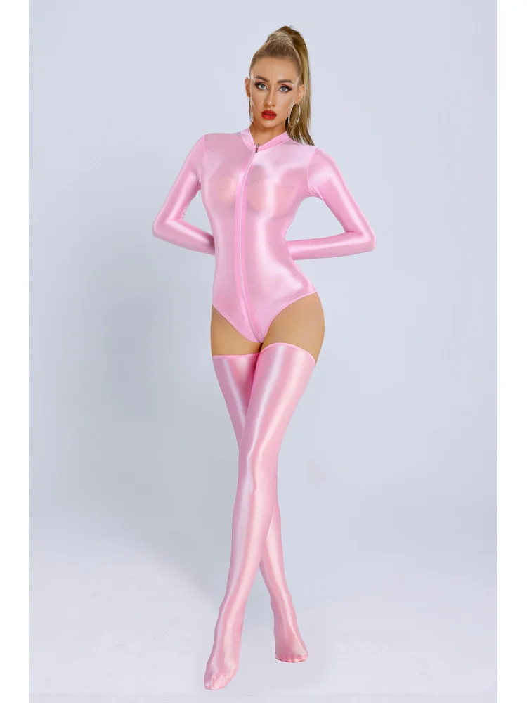 M XL Glossy Shiny Long Sleeve Swimsuit Zipper Crotch Bodysuit Tights Body Teddies Sukumizu High Elastic Leotard Unitard Tshirt thumbnail 6