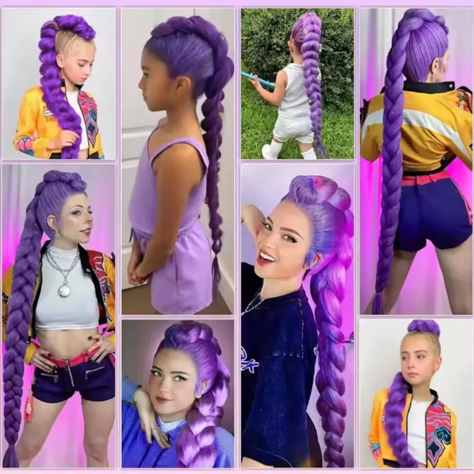 Ru mi Synthetic Braids Purple Hair Ponytail Costume Hairstyle 24inch Long Ponytail with Clips for Kids Girls Halloween Christmas thumbnail 6