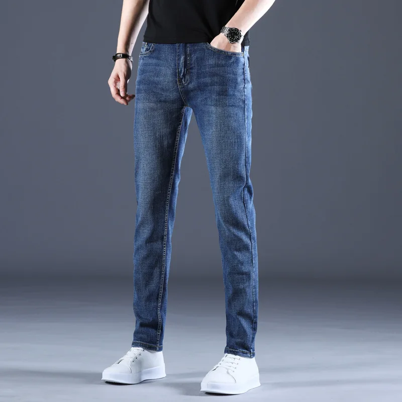 New style jeans, men's slim fit, Korean style comfortable straight leg elastic gray mid waist pants, men's casual denim pants thumbnail 6