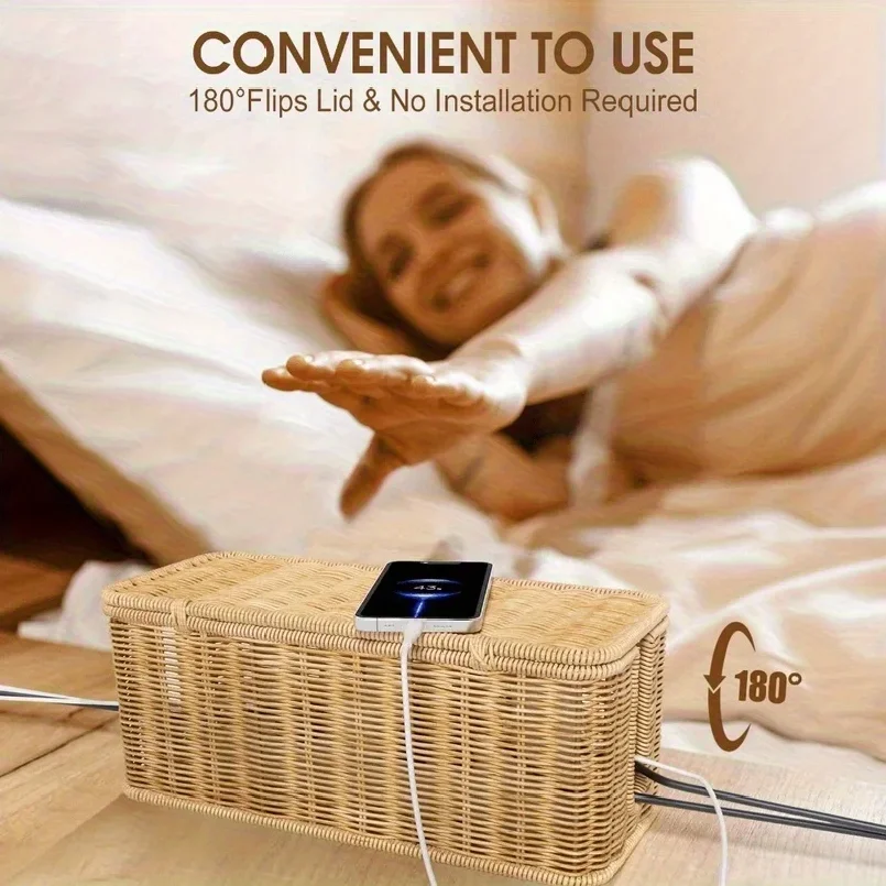 Hand-Woven Rattan Cable Organizer Box - Durable Imitation Vine Material, Multi-Compartment Storage for Power Cords, Data Cables thumbnail 5